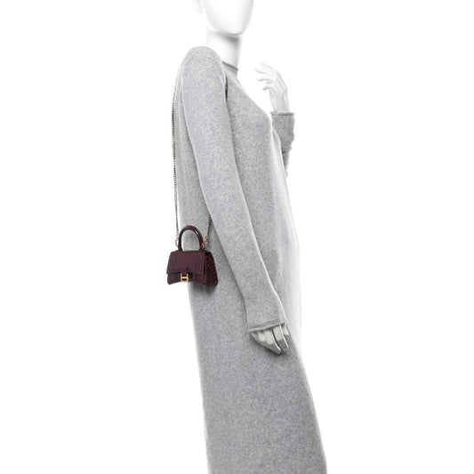 Shiny Calfskin Crocodile Embossed Hourglass Top Handle Bag Mini with Chain Dark Red