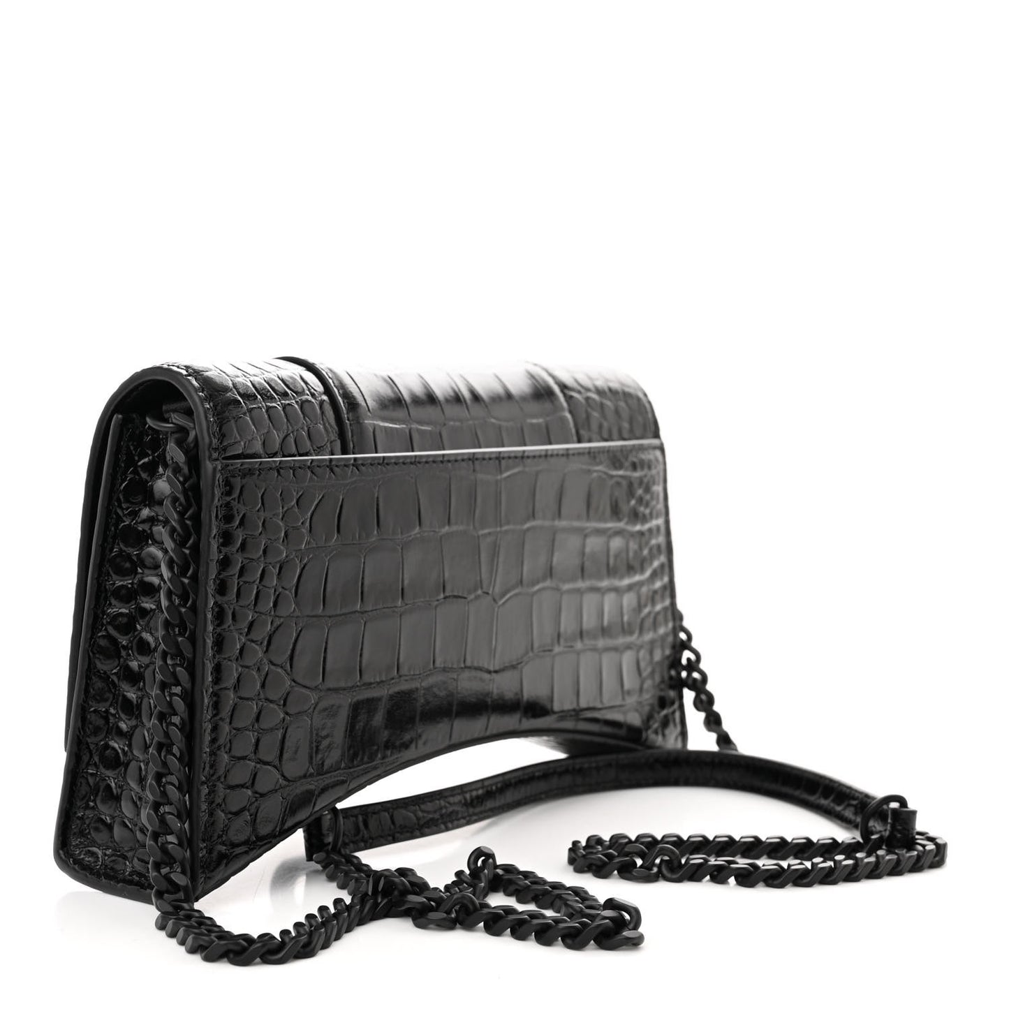 Shiny Calfskin Monochrome Crocodile Embossed Small Hourglass Evening Chain Bag Black