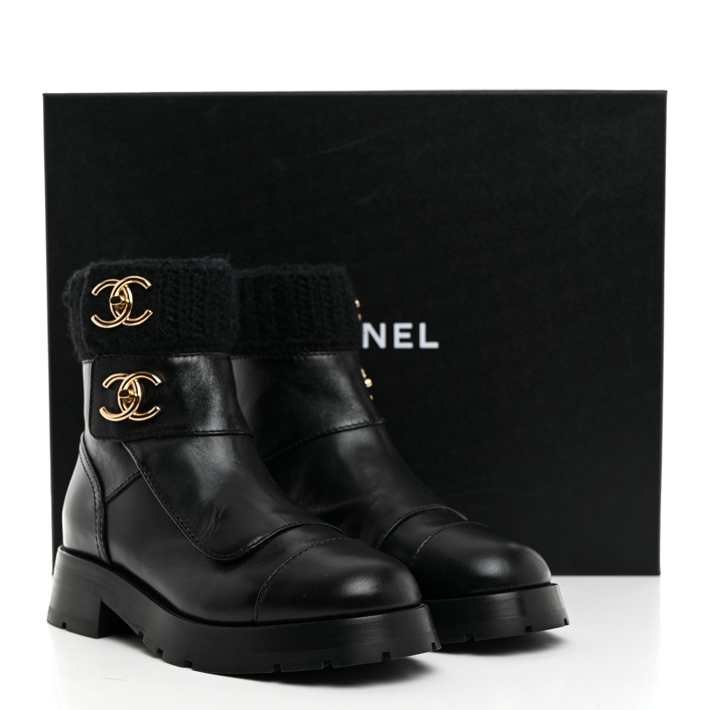 Calfskin Knit CC Short Boots 36 Black