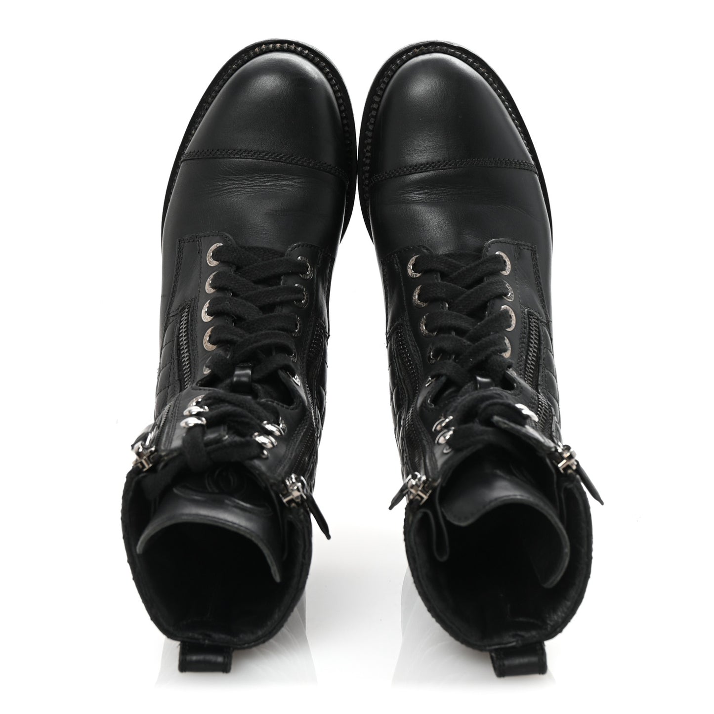 Calfskin Quilted Lace Up Combat Boots 37.5 Black