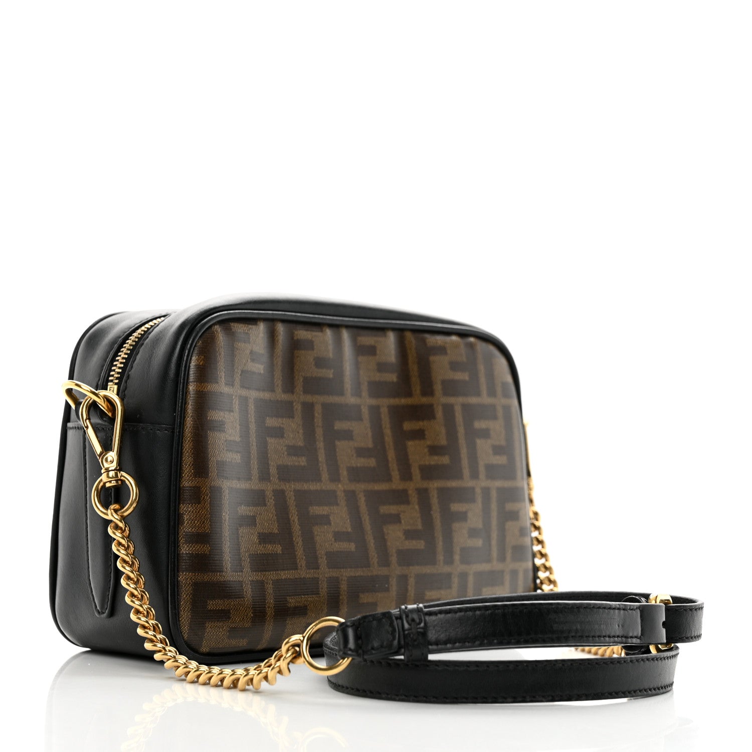 Fendi Glazed Fabric Vitello Century FF 1974 Stamp Patch Camera Case Mogano Panna Black 2 of 10