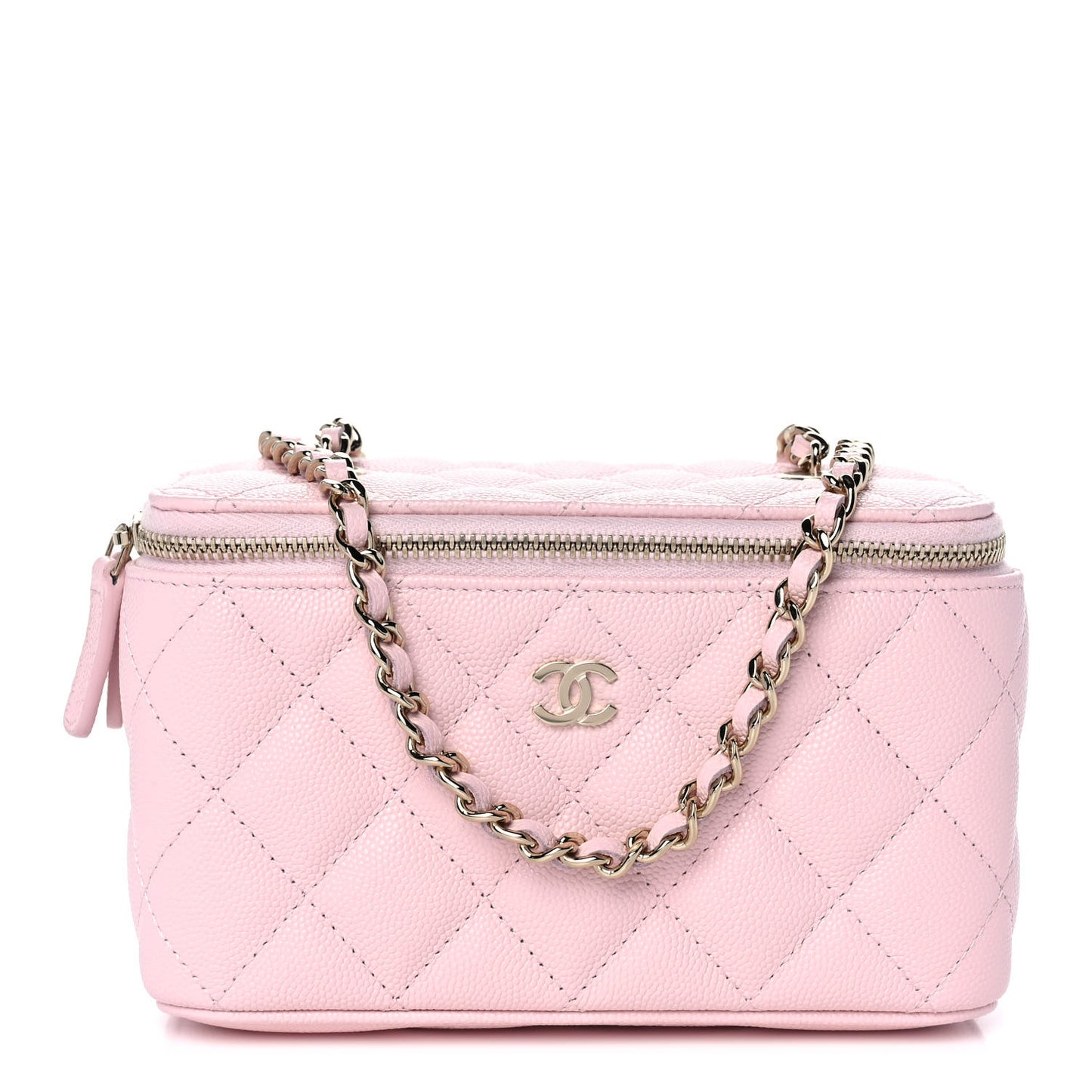 Caviar Quilted Small Vanity Case With Chain Light Pink