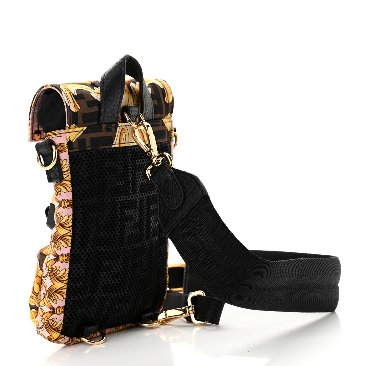 X VERSACE Silk Vitello Fendace FF Baroque Mini Fendiness Backpack Tobacco Pink Gold