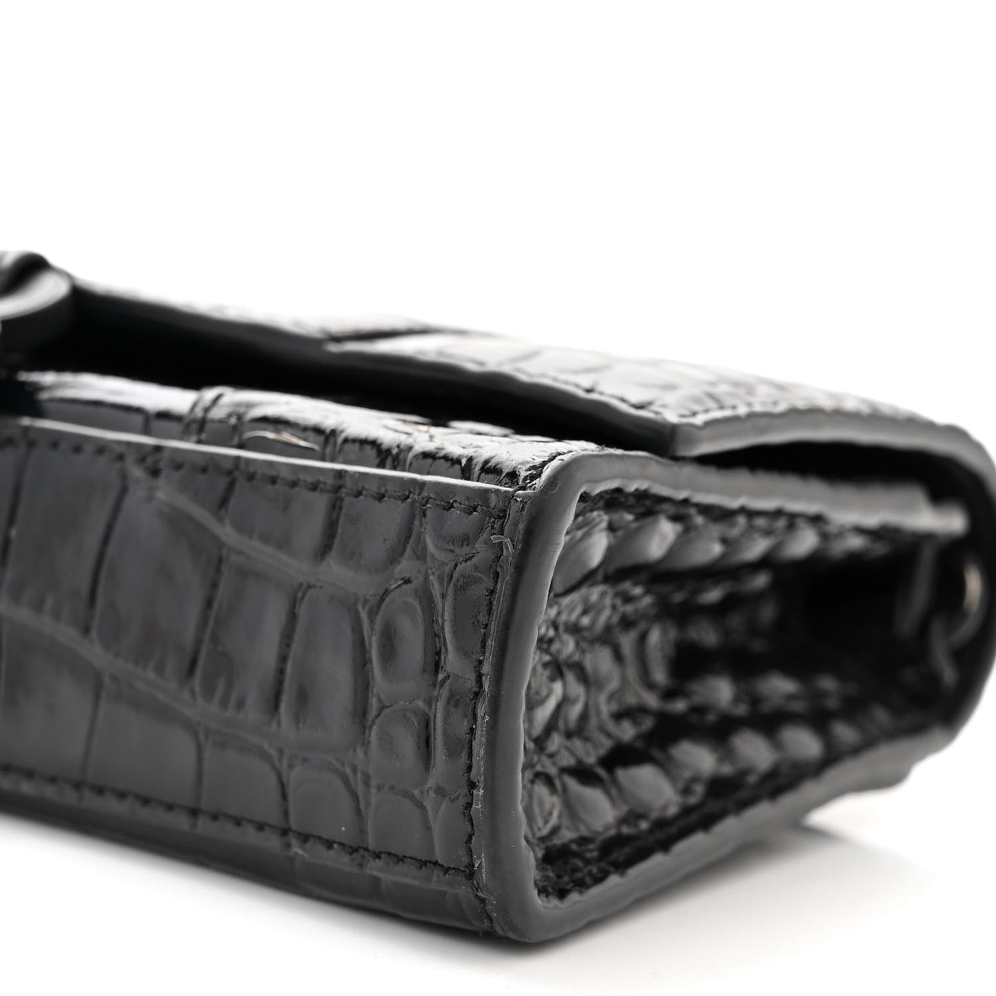 Shiny Calfskin Monochrome Crocodile Embossed Hourglass Chain Bag Black