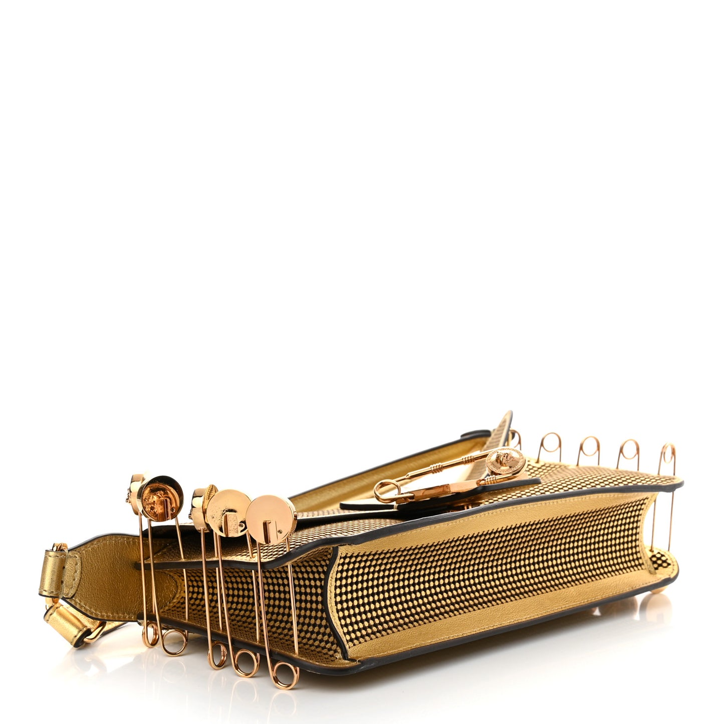 X VERSACE Metallic Nappa Perforated Fendace Brooch Baguette Gold