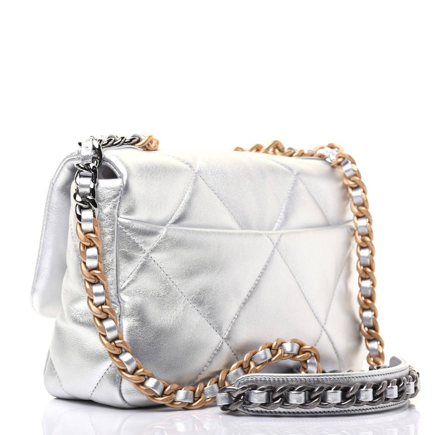 Metallic Lambskin Quilted Medium Chanel 19 Flap Silver