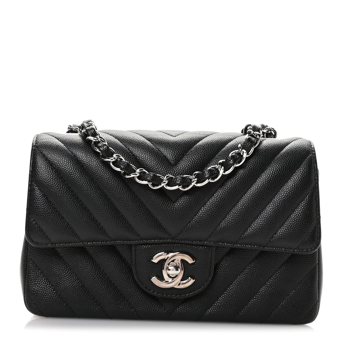 Caviar Chevron Quilted Mini Rectangular Flap Black