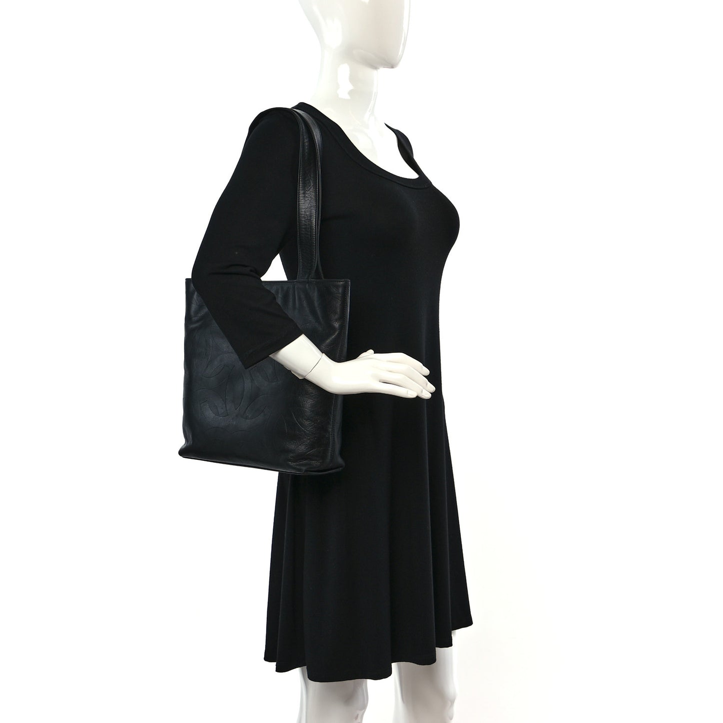 Calfskin Embossed CC Shoulder Bag Black