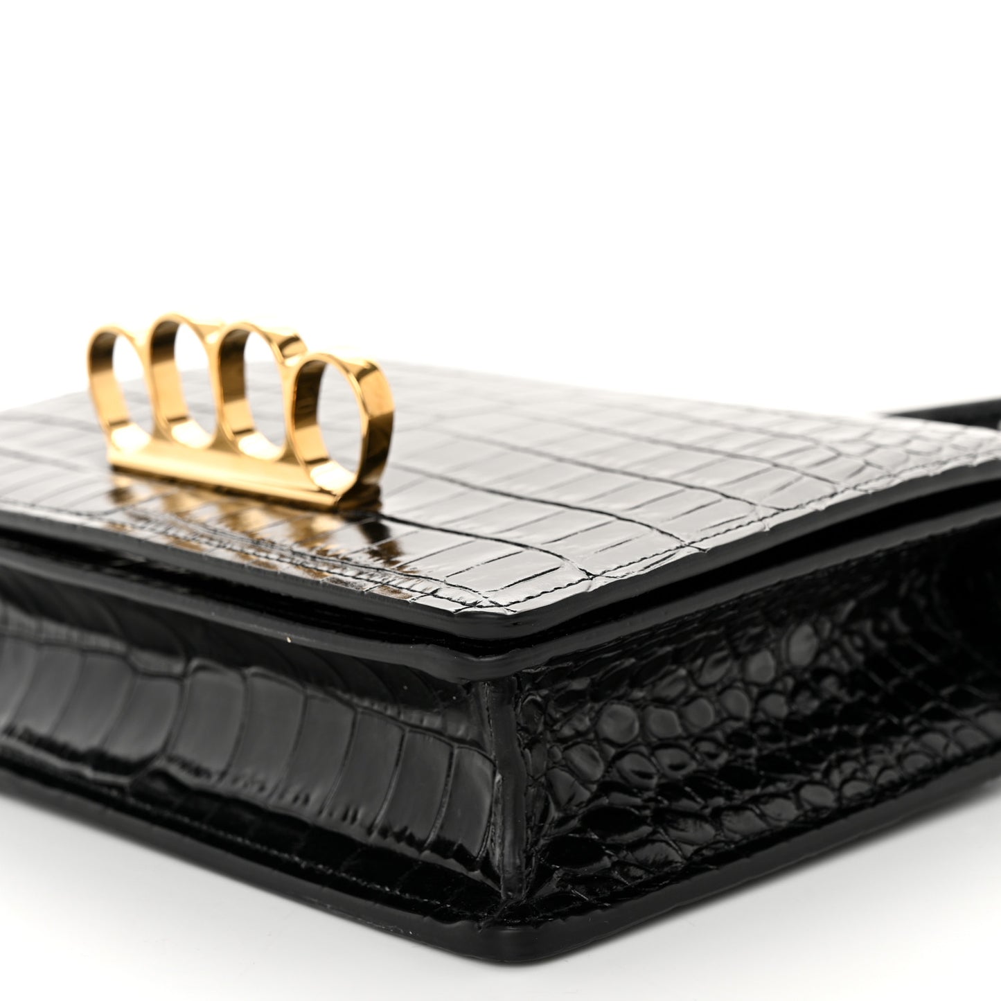 ALEXANDER MCQUEEN Calfskin Crocodile Embossed Four Ring Knuckle Crossbody Bag Black