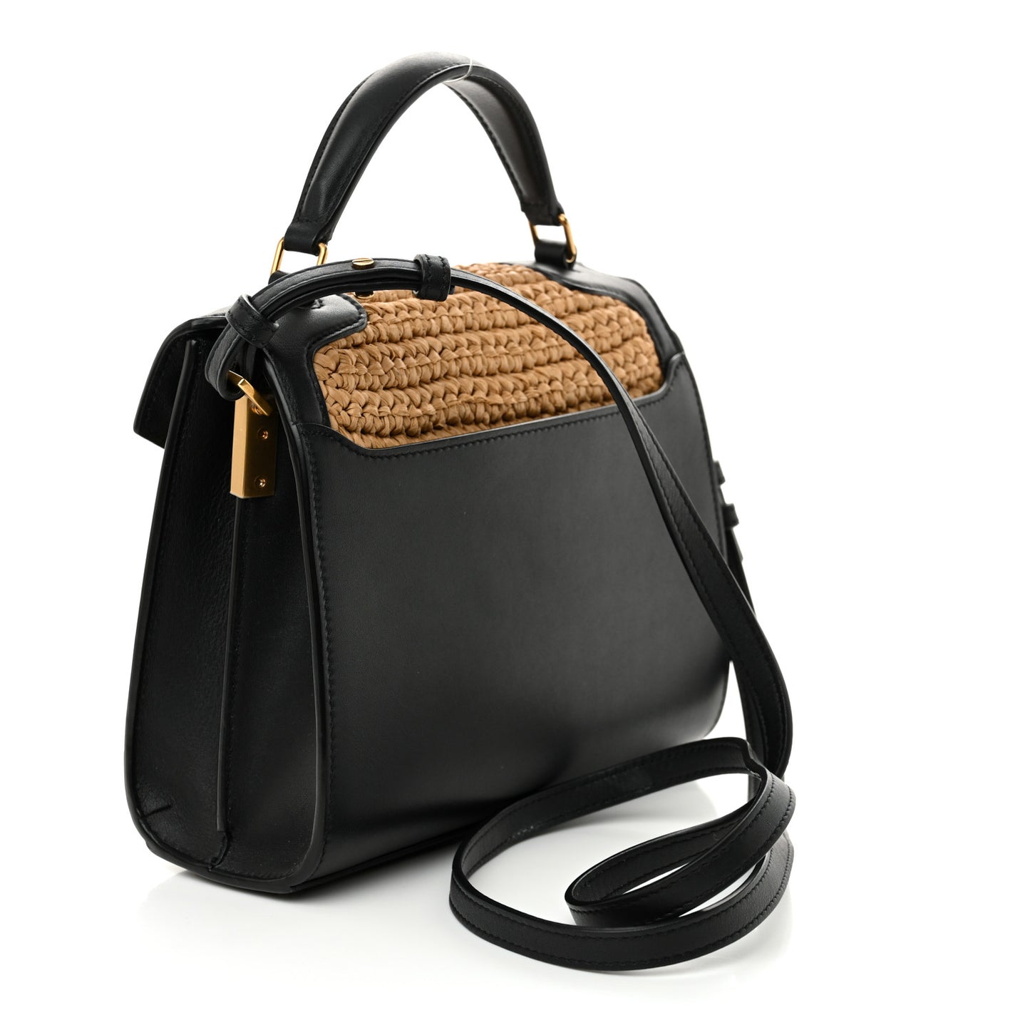 Raffia Calfskin Mini Classic Monogram Cassandra Top Handle Black Natural