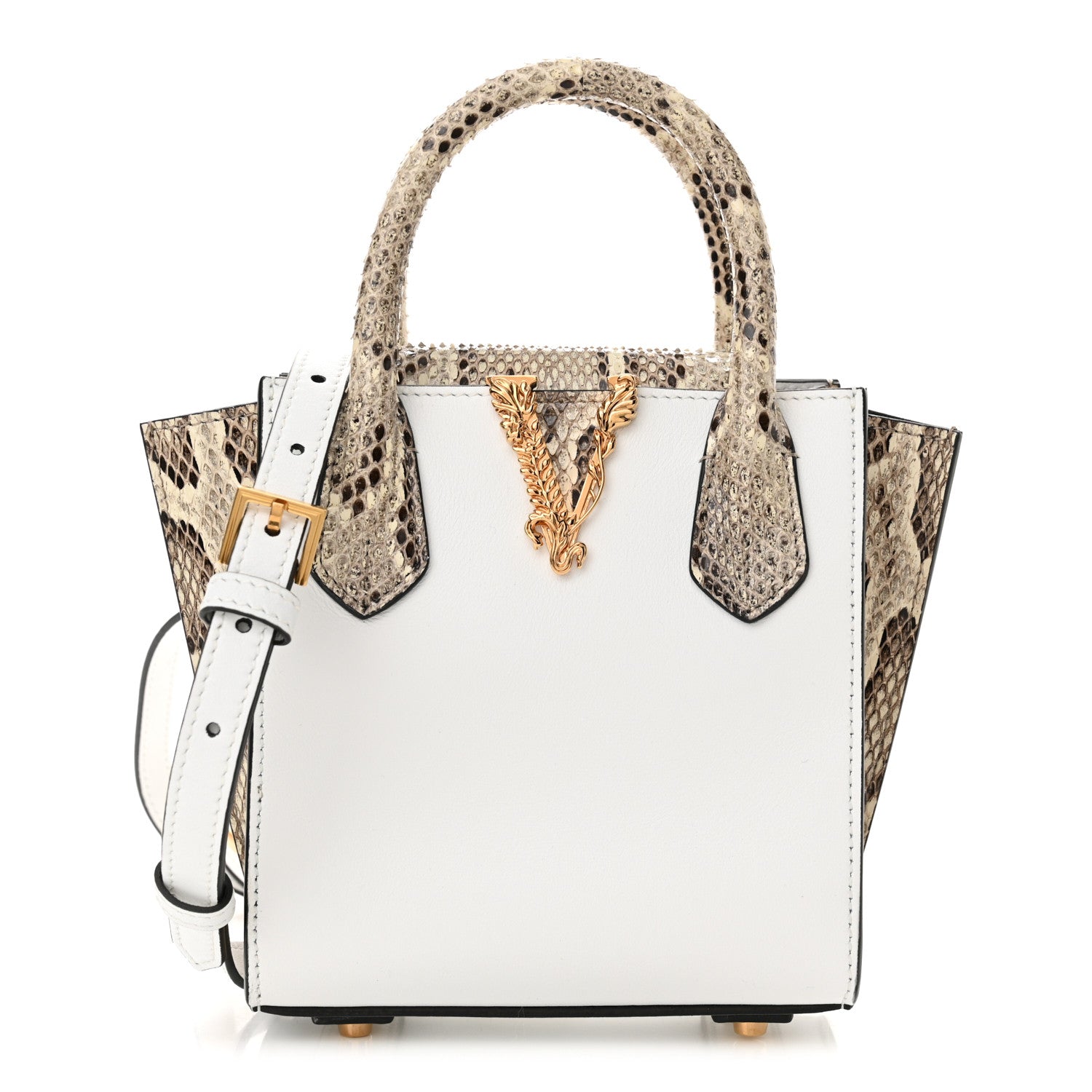 Versace Calfskin Snakeskin Mini Virtus Top Handle Shoulder Tote Optical White Natural 1 of 13