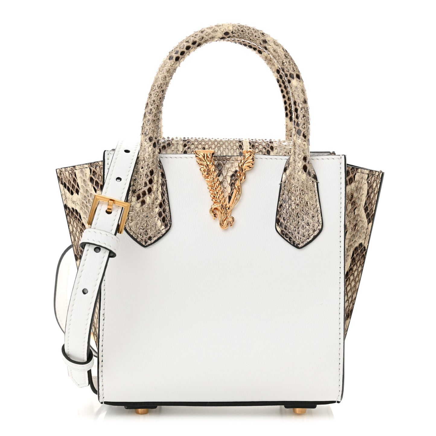 Calfskin Snakeskin Mini Virtus Top Handle Shoulder Tote Optical White Natural