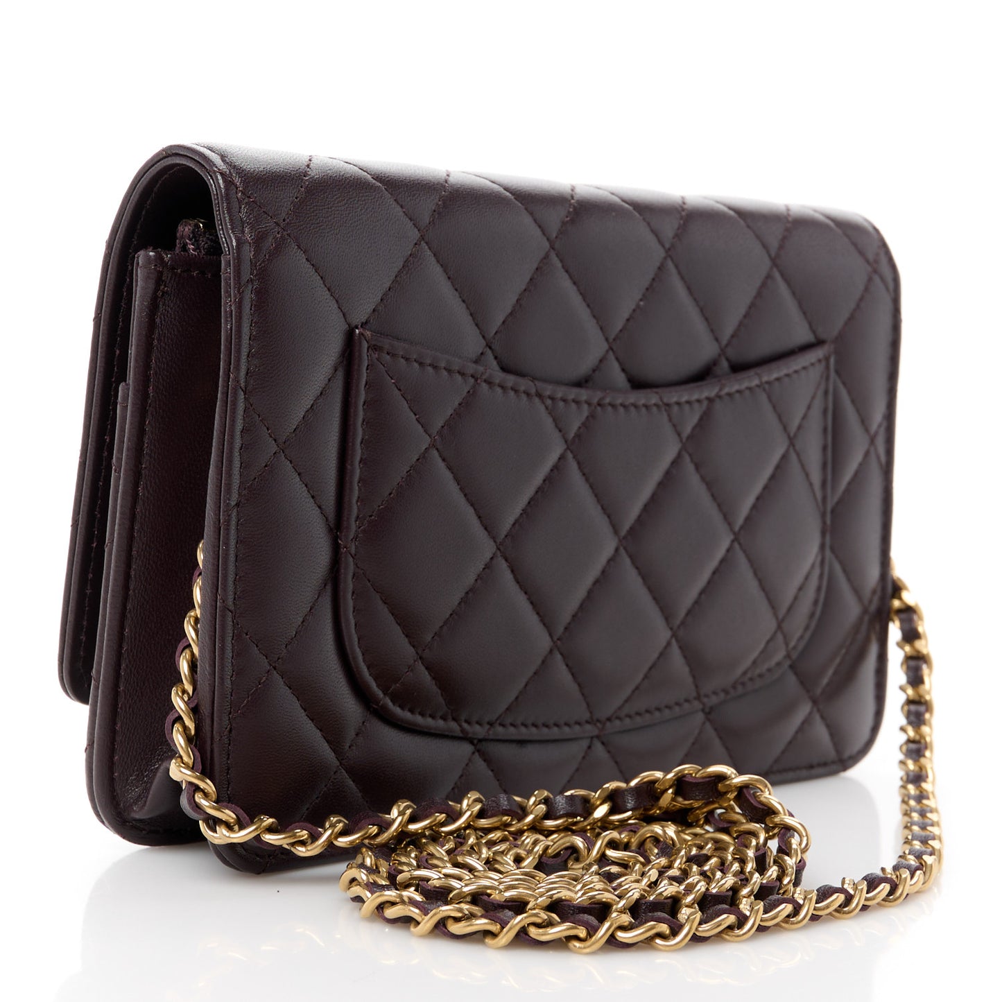 Lambskin Quilted Studded CC Wallet On Chain WOC Brown