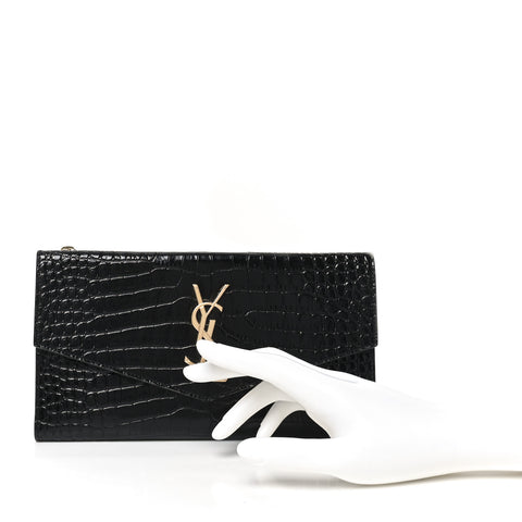 Calfskin Crocodile Embossed Monogram Uptown Wallet Black
