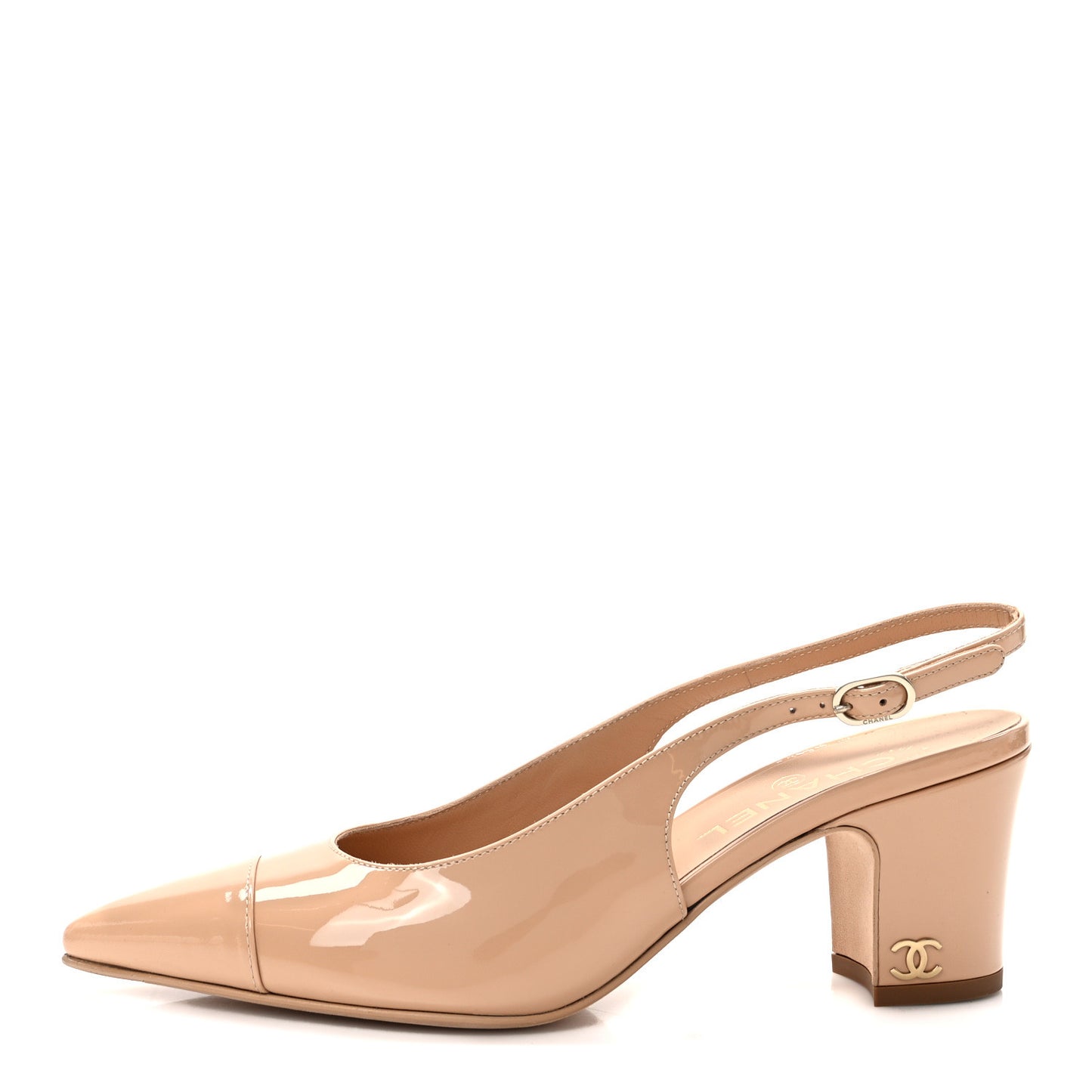 Patent Calfskin Cap Toe CC Slingback Pumps 37.5 Beige