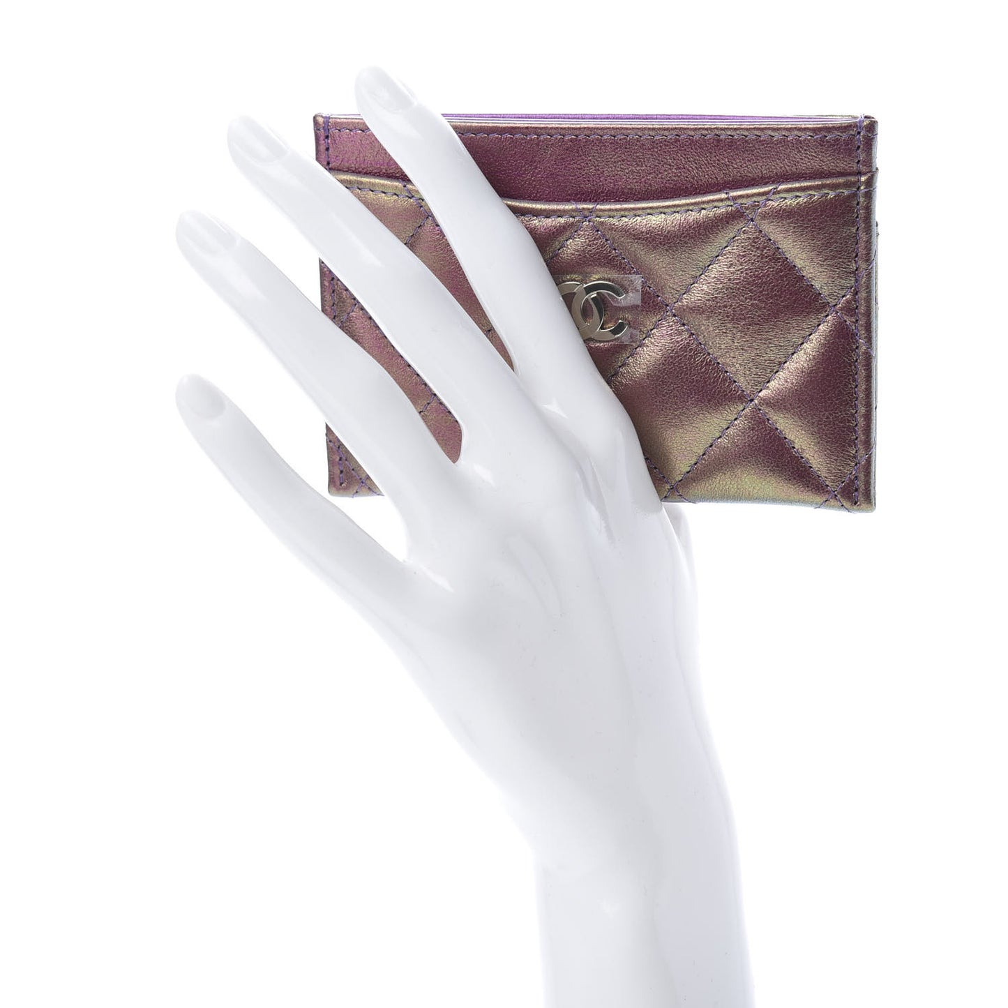 Iridescent Lambskin Quilted Card Holder Purple
