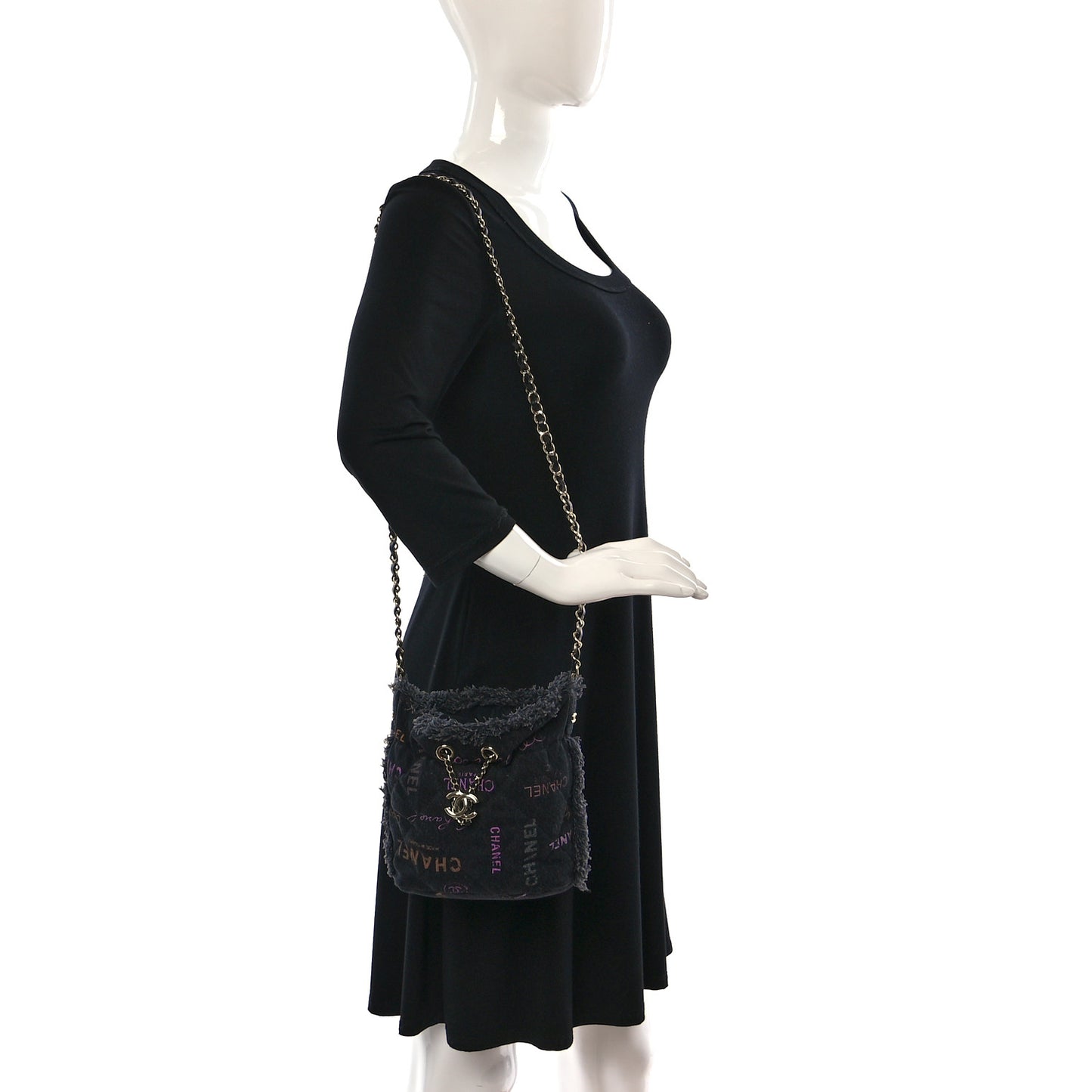 Denim Quilted Mood Bucket With Chain Black Multicolor