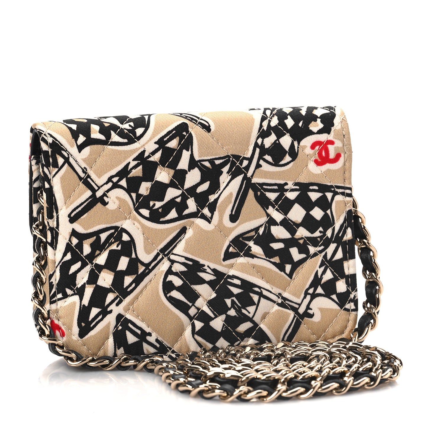 Canvas Check Flag Printed CC Clutch With Chain Beige Multicolor