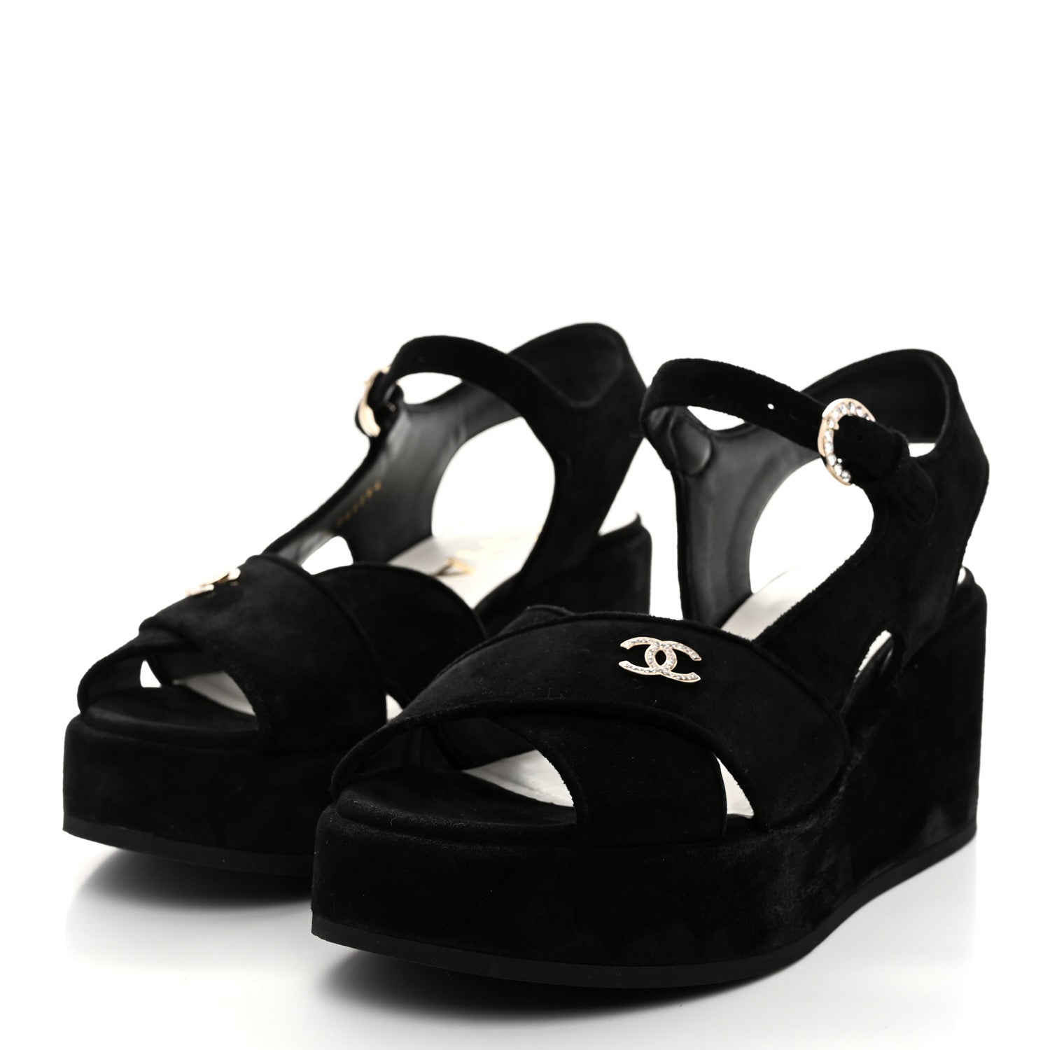 Chanel Suede Calfskin Peep Toe Wedge Sandals 37 Black 3 of 8
