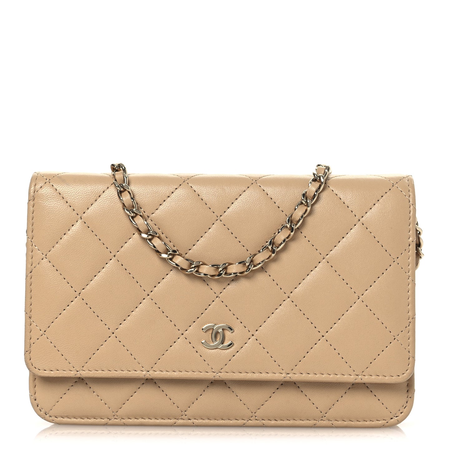 Lambskin Quilted Wallet On Chain WOC Beige