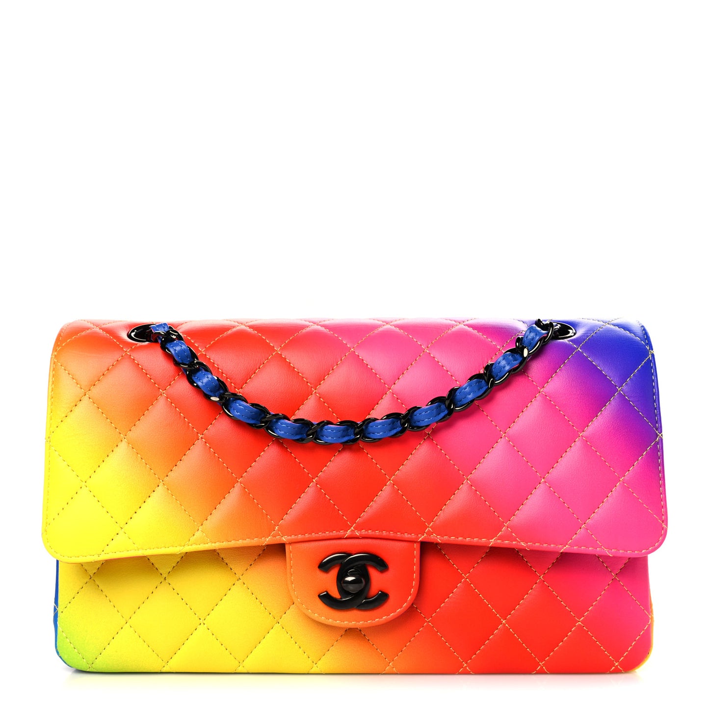 Calfskin Quilted Medium Rainbow Double Flap Multicolor