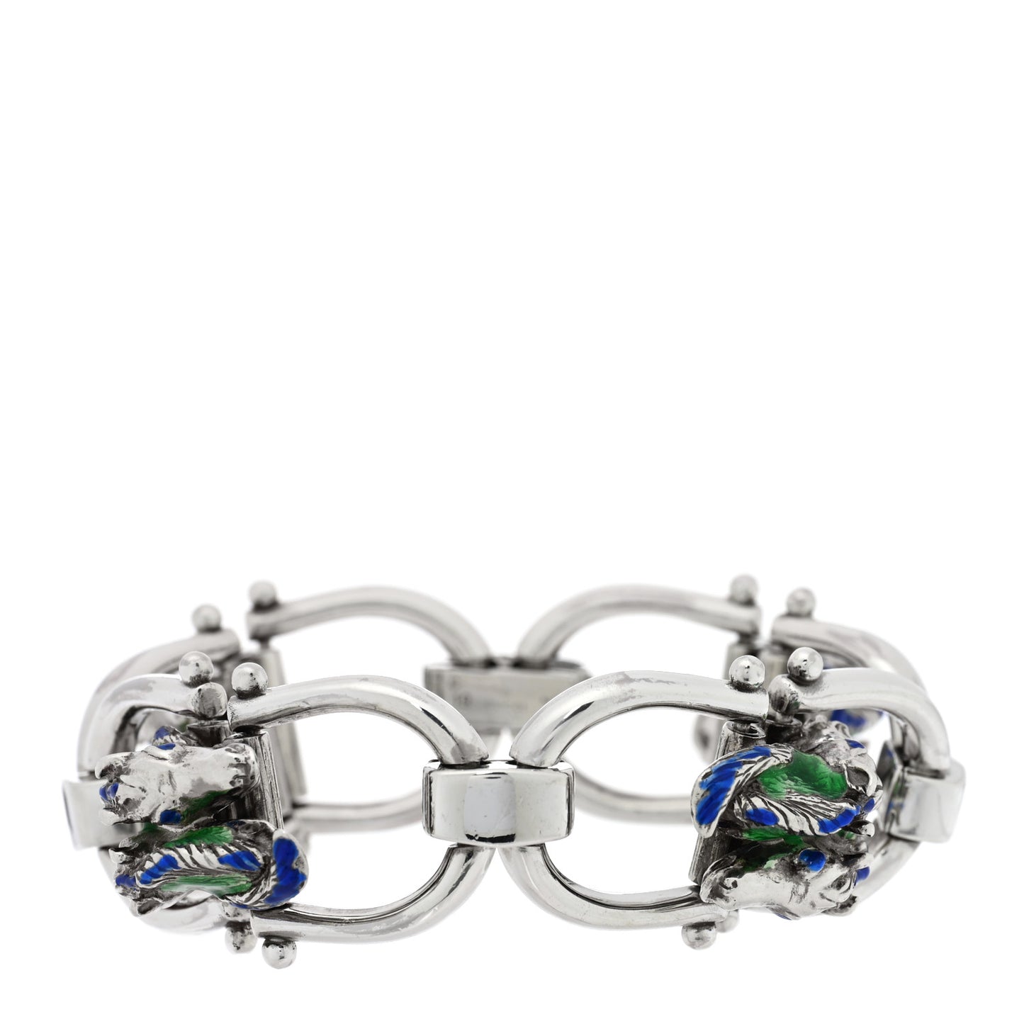 Sterling Silver Enamel Horse Head Link Chain Bracelet Blue Green