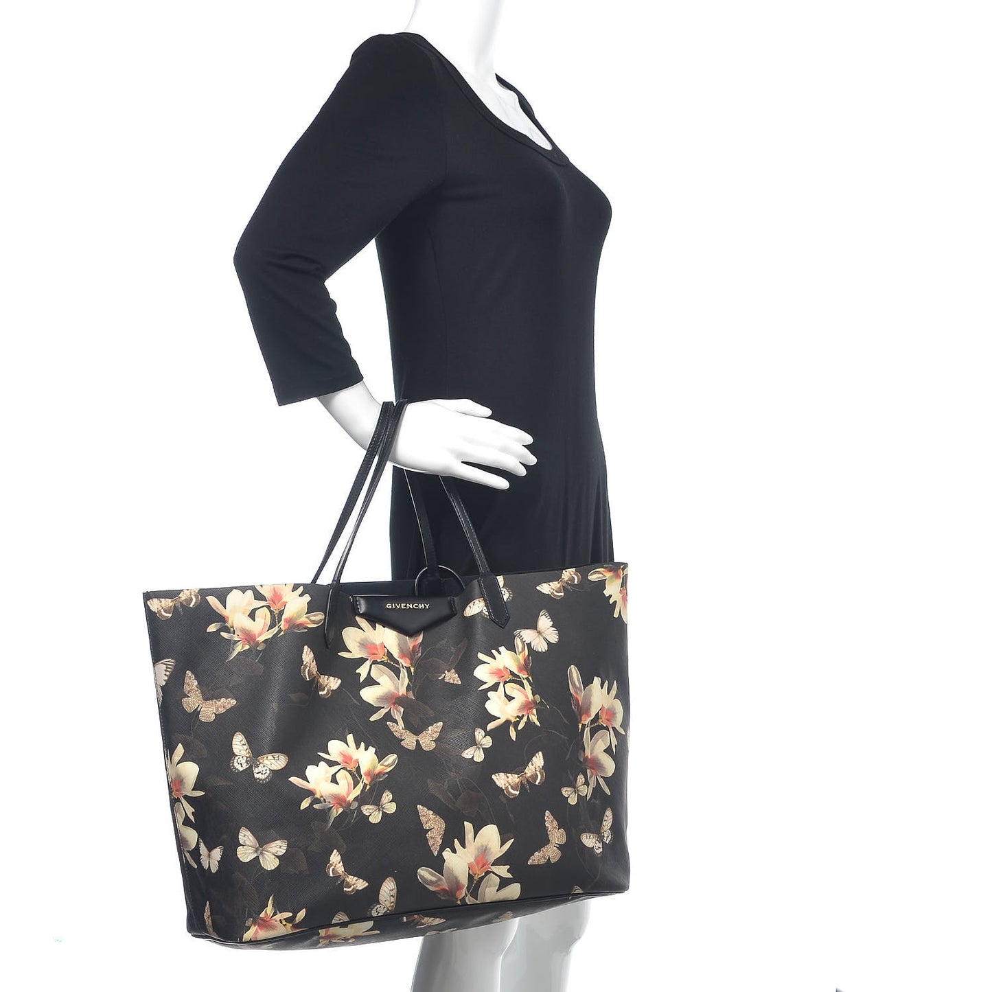 Textured Coated Canvas Magnolia and Moth Print Large Antigona Tote