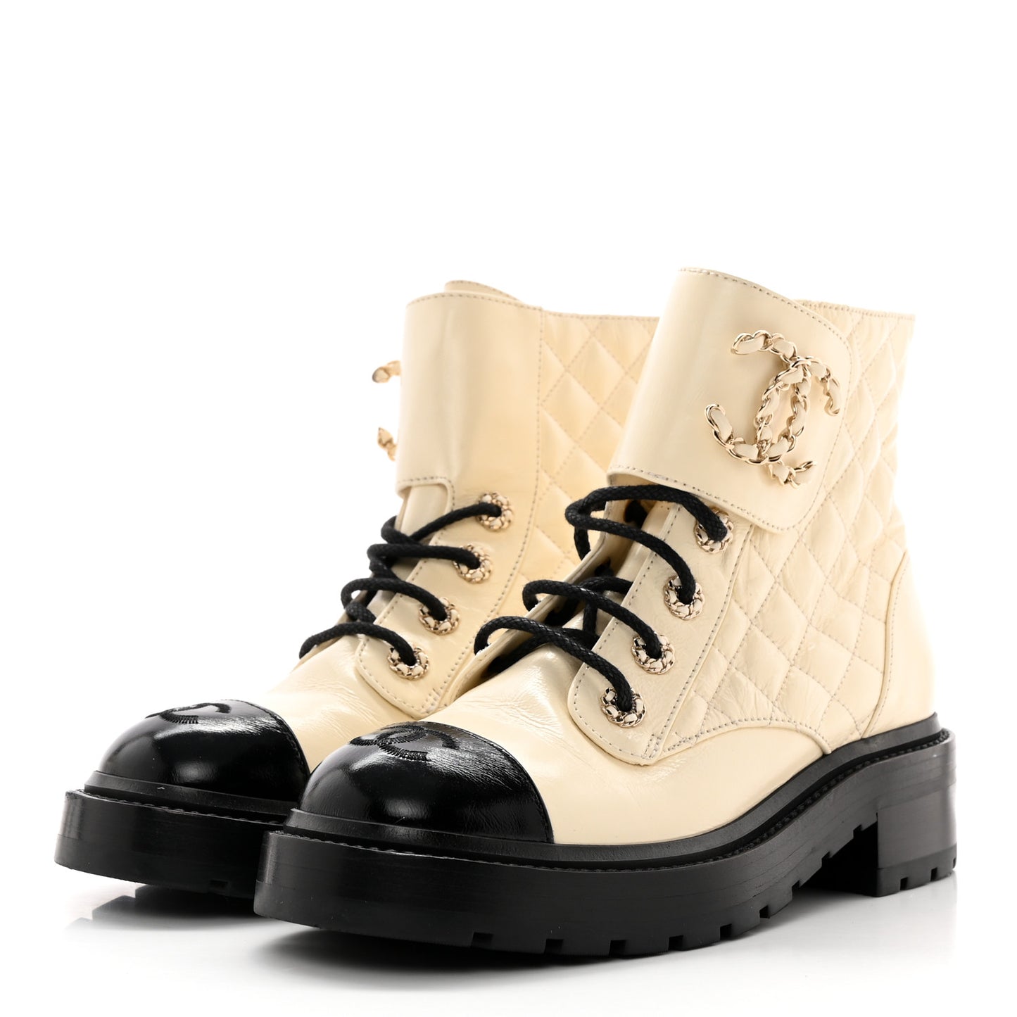 Shiny Calfskin Quilted Lace Up Combat Boots 37 Ivory Black