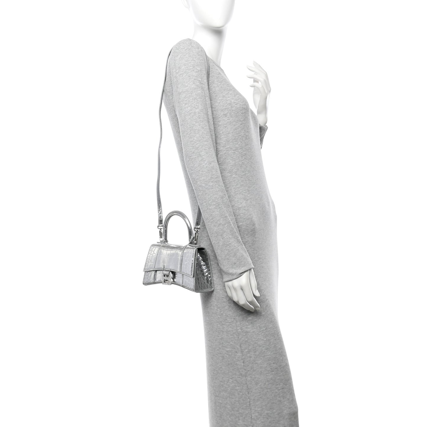 Metallic Calfskin Crocodile Embossed Crystal Hourglass Top Handle Bag XS Silver