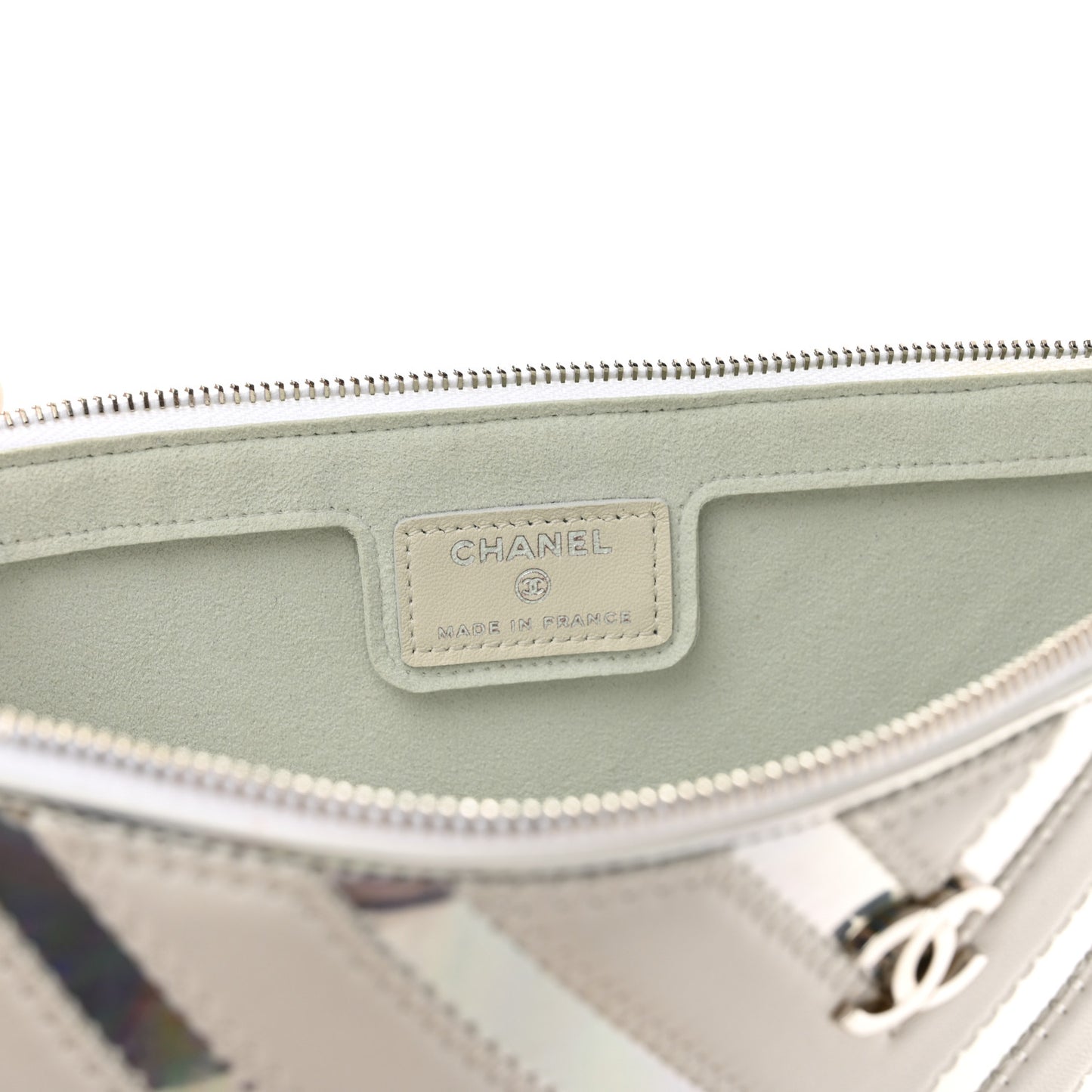 Lambskin Metallic Chevron Zip Pouch White Silver