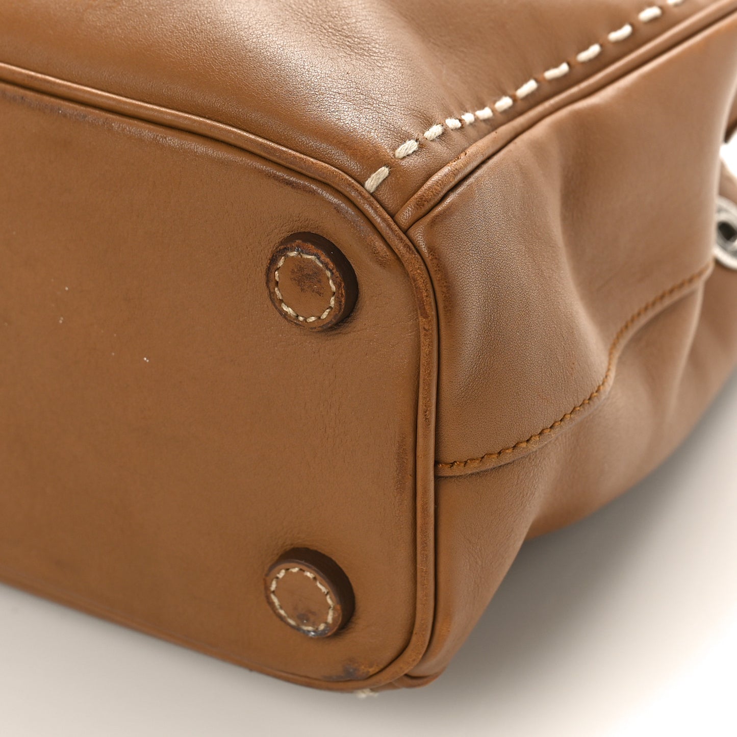 City Calf Mini Hand Stitched Galleria Double Zip Tote Caramel