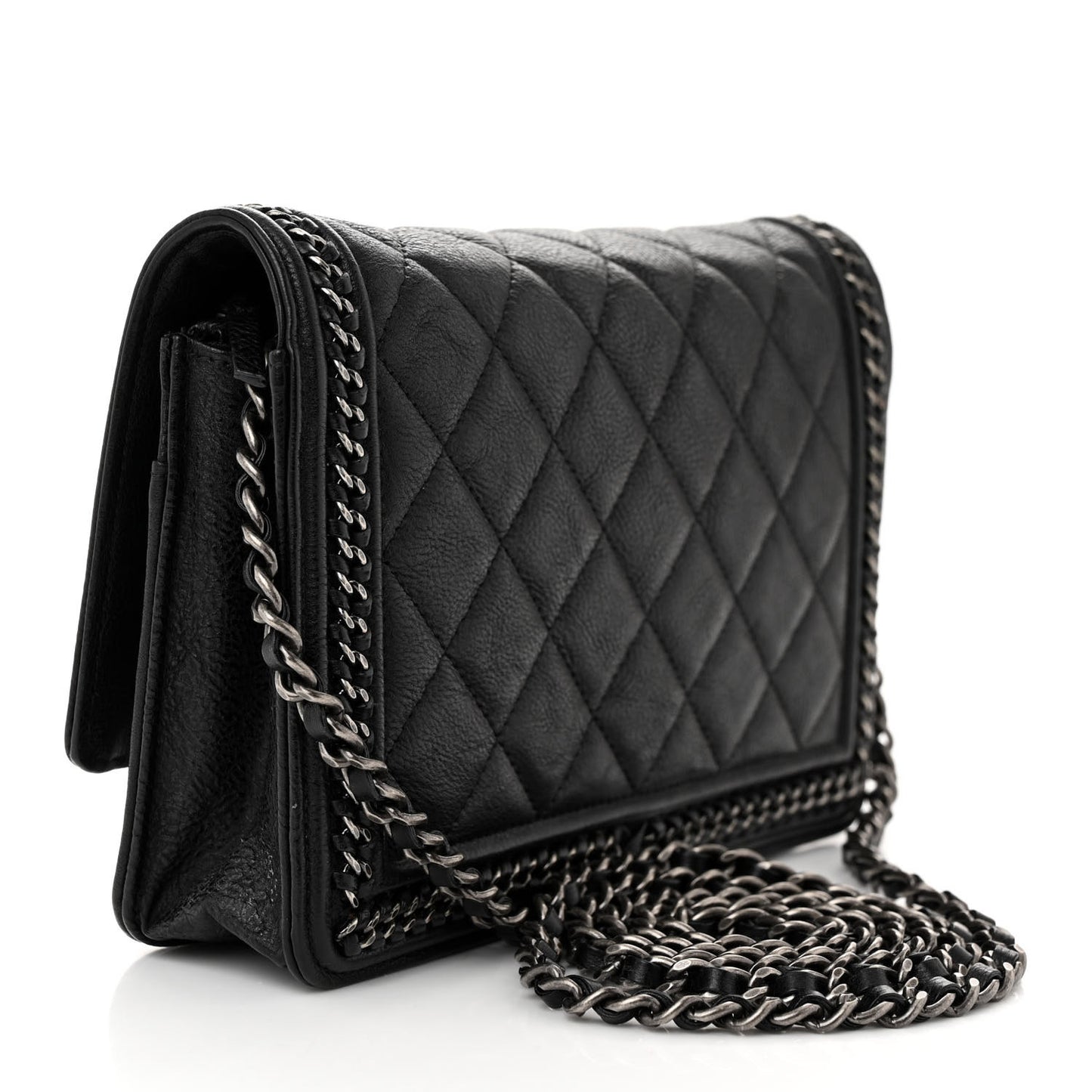 Calfskin Quilted Chain Around Boy Wallet On Chain WOC Black