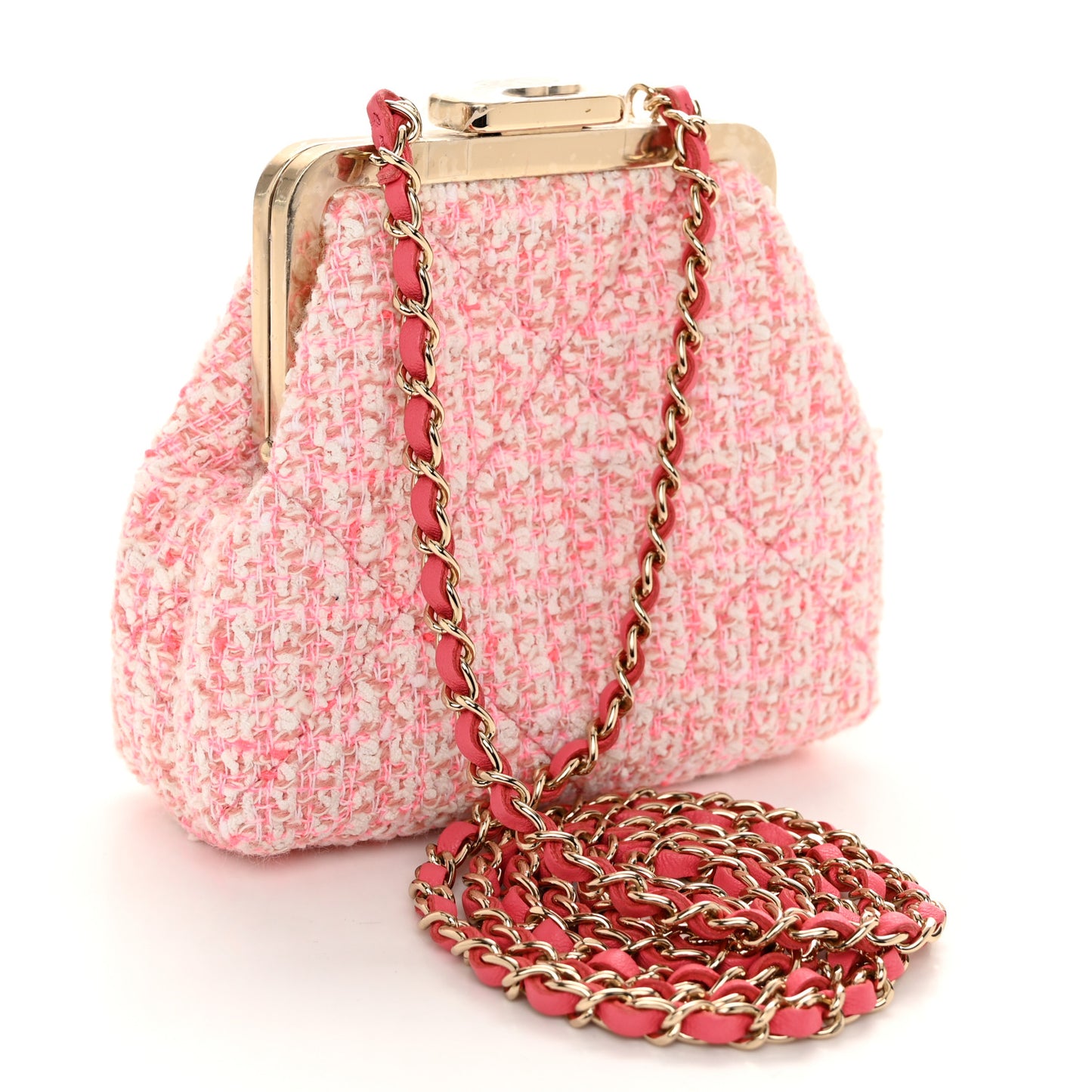 Tweed Kiss Lock Phone Holder With Chain Pale Pink Ecru