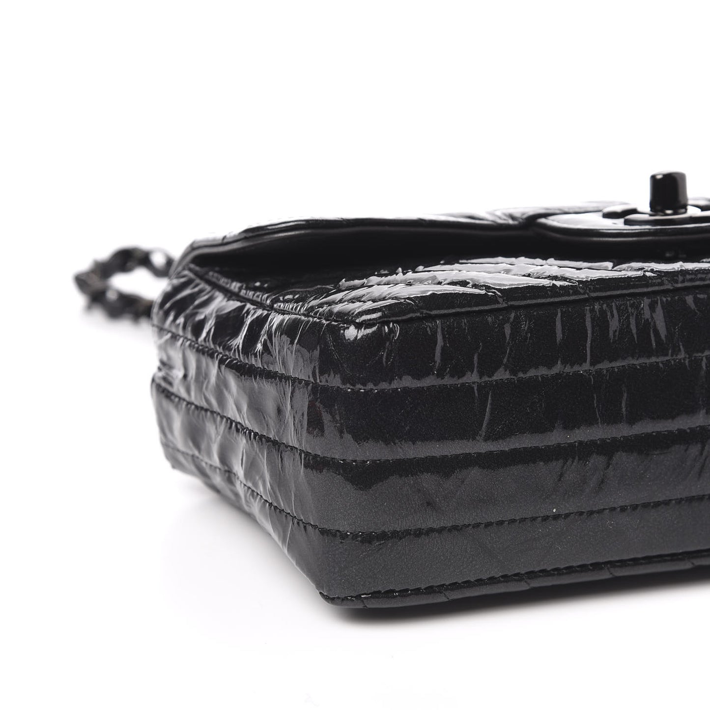 Patent Metallic Crumpled Calfskin Chevron Quilted Mini Rectangular Flap So Black