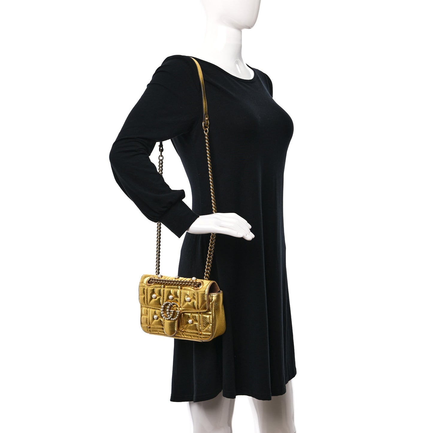 Metallic Calfskin Matelasse Studded Mini Pearly GG Marmont Shoulder Bag Gold