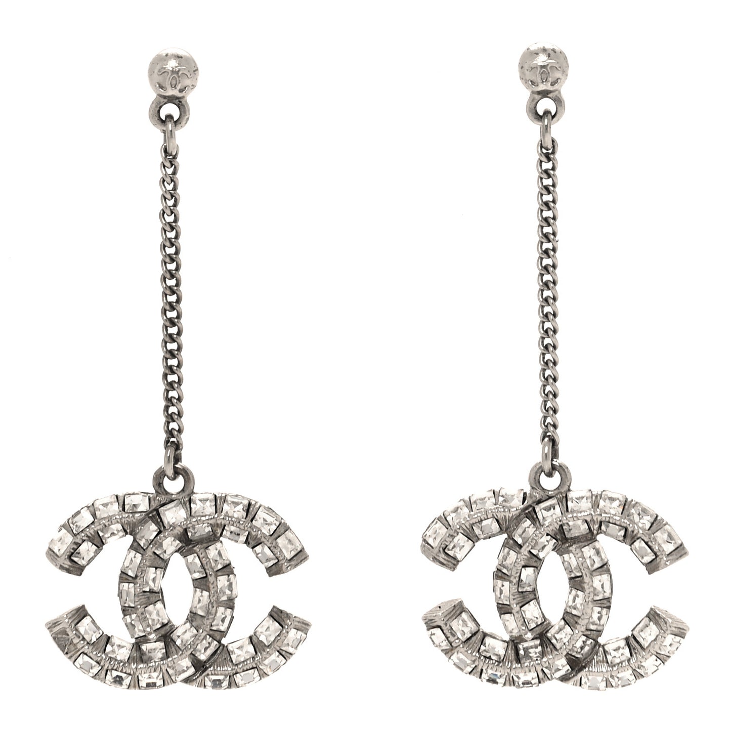 Crystal Baguette CC Drop Earrings Silver