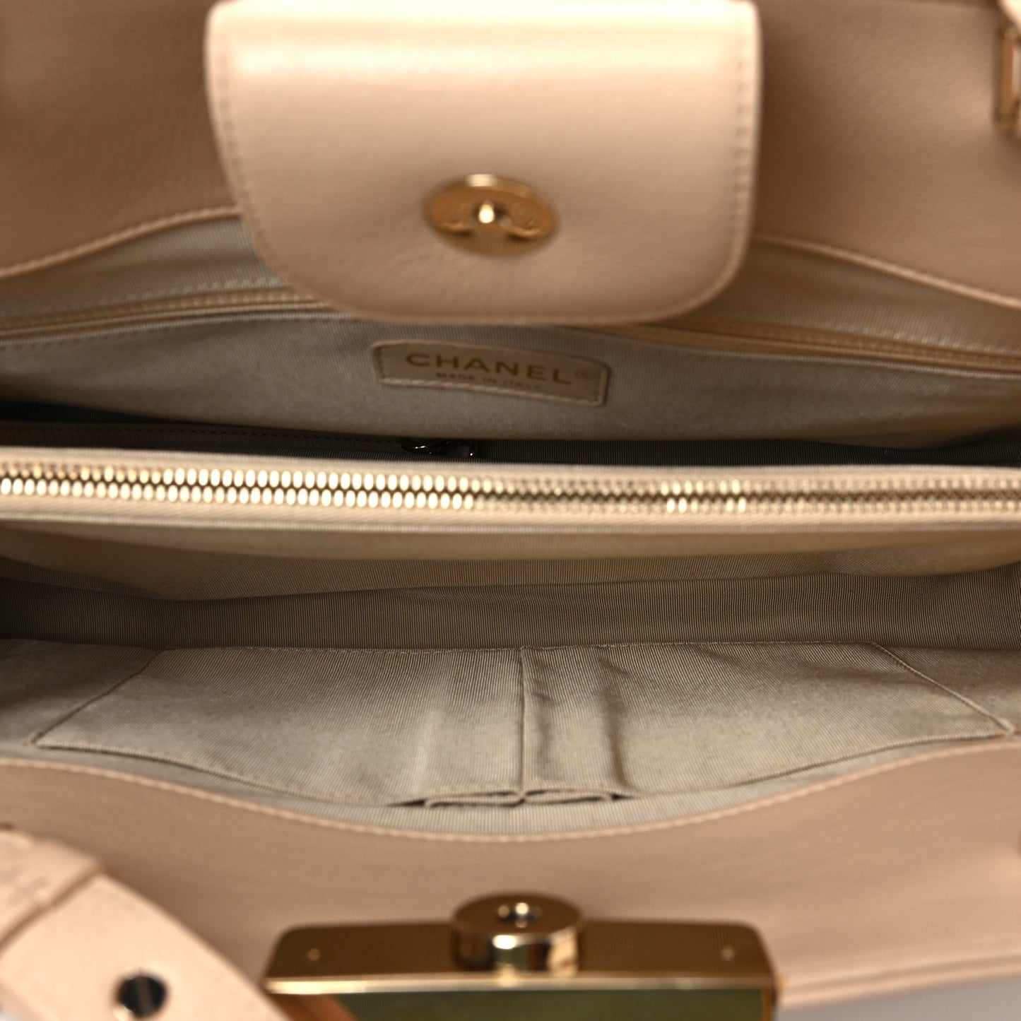 Grained Calfskin Stitched Large Label Click Shopper Tote Light Beige