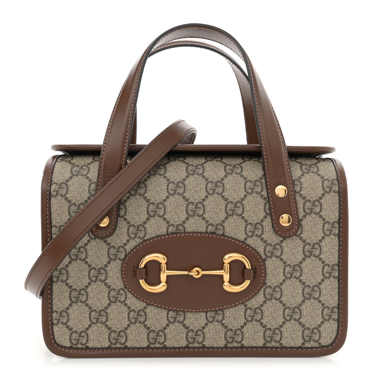 GG Supreme Monogram Azalea Calfskin Mini Horsebit 1955 Foldover Top Handle Bag Beige Ebony Brown Sugar