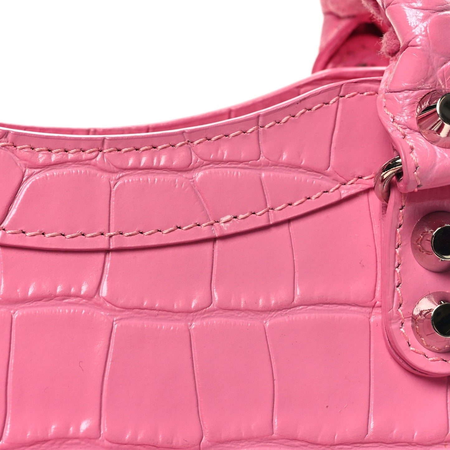 Shiny Supple Calfskin Crocodile Embossed Classic Silver Hardware Mini City Baby Pink