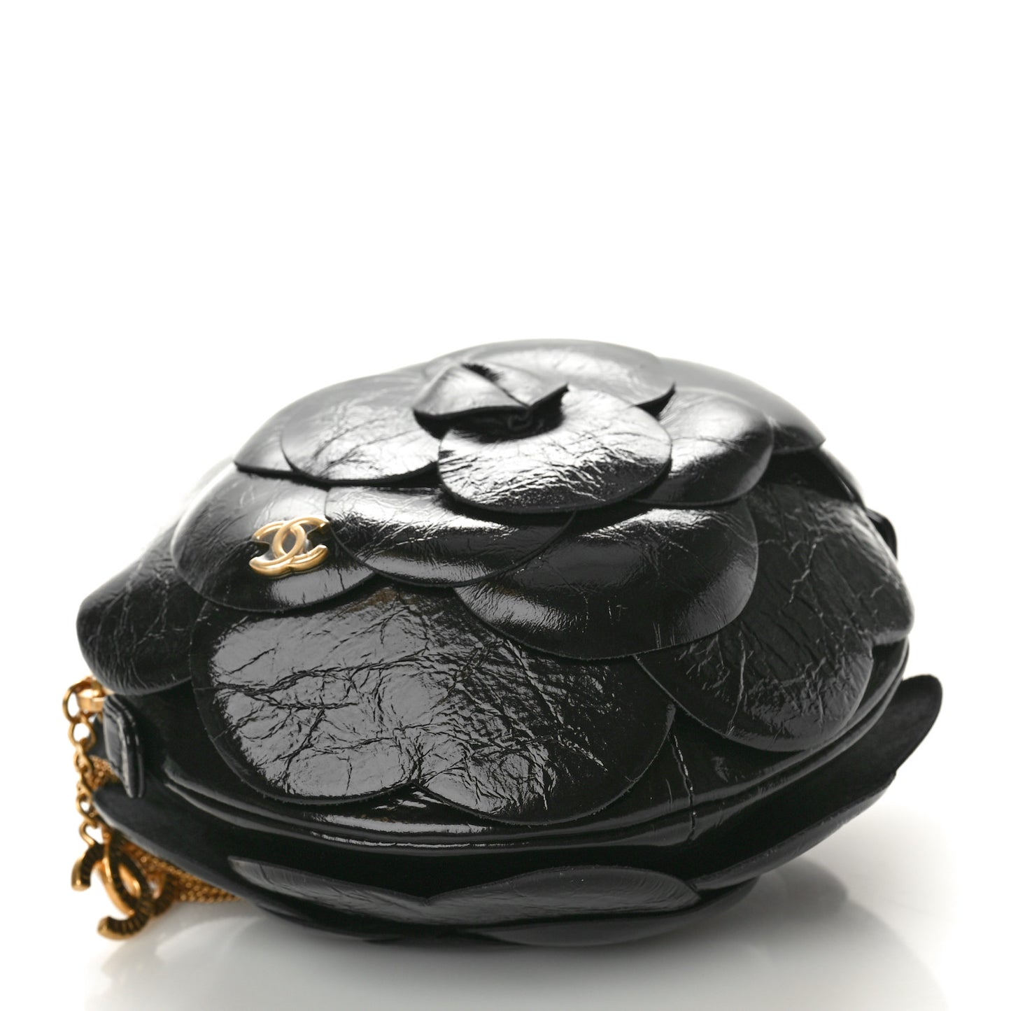 Patent Lambskin Camellia Bouquet Clutch With Chain Black