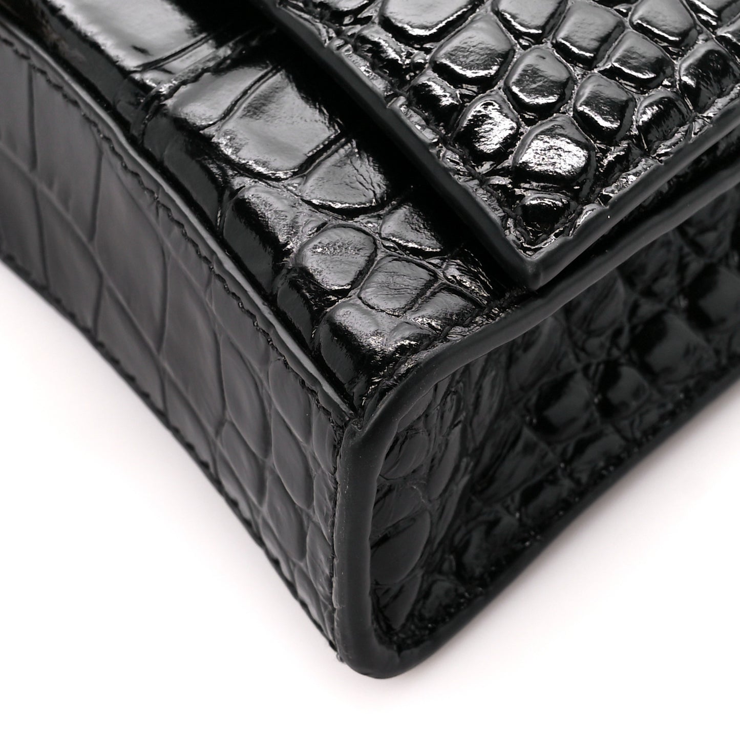 Shiny Calfskin Crocodile Embossed Hourglass Chain Bag Black