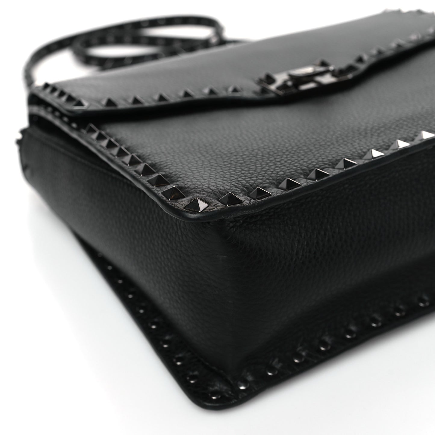 Grained Calfskin Rockstud Top Handle Flap Shoulder Bag Black