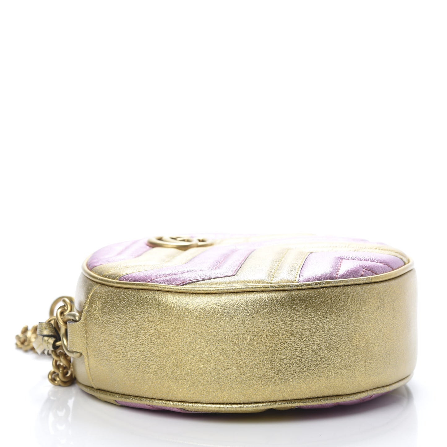 Metallic Calfskin Matelasse Mini GG Marmont Round Shoulder Bag Gold Pink