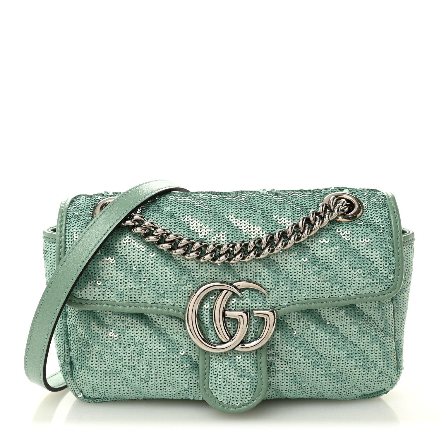 Gucci Sequin Matelasse Small GG Marmont Shoulder Bag Water Green