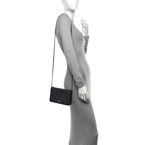 Lambskin Camellia Studded Wallet on Chain WOC Grey