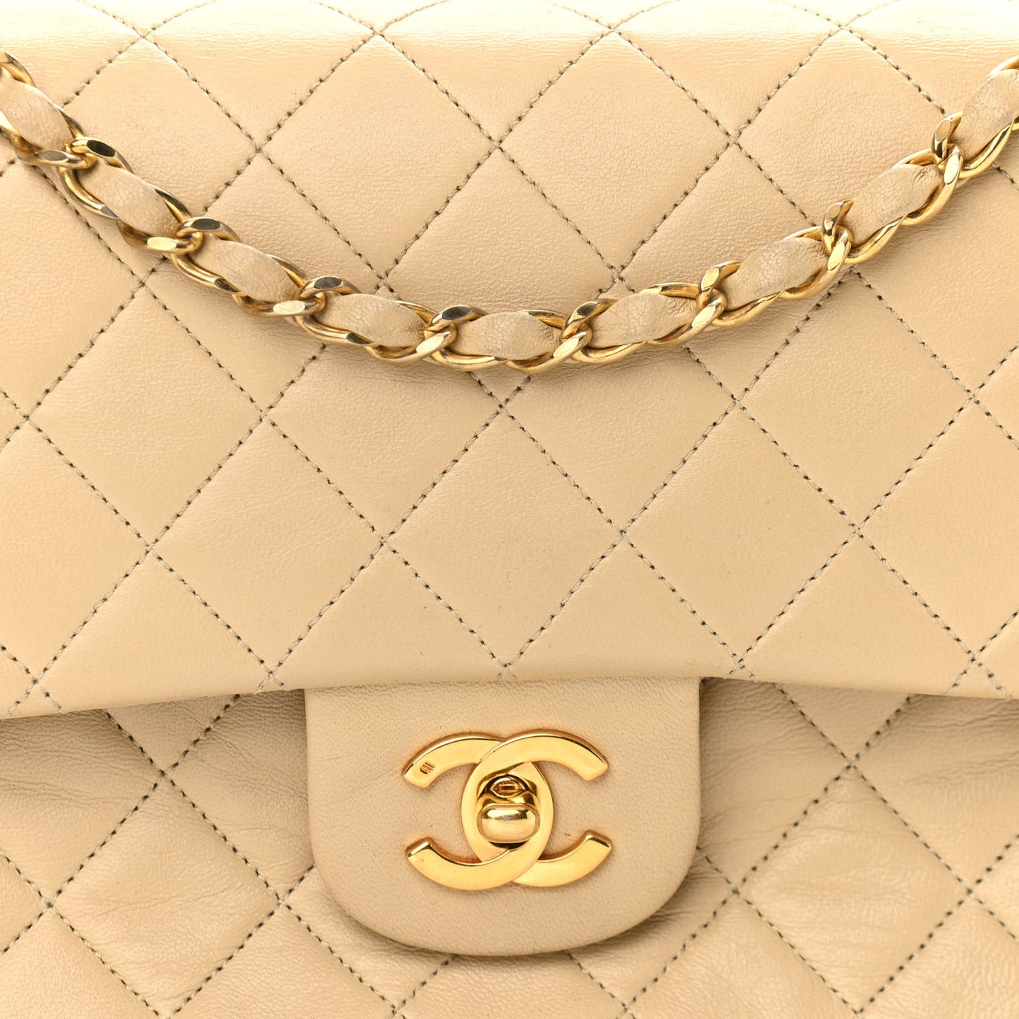Lambskin Quilted Medium Double Flap Beige