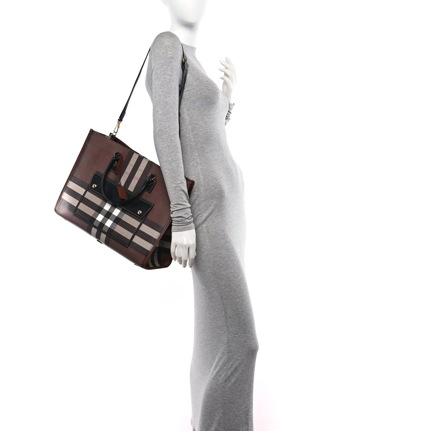 E-Canvas Check Calfskin Medium Freya Tote Dark Birch Brown