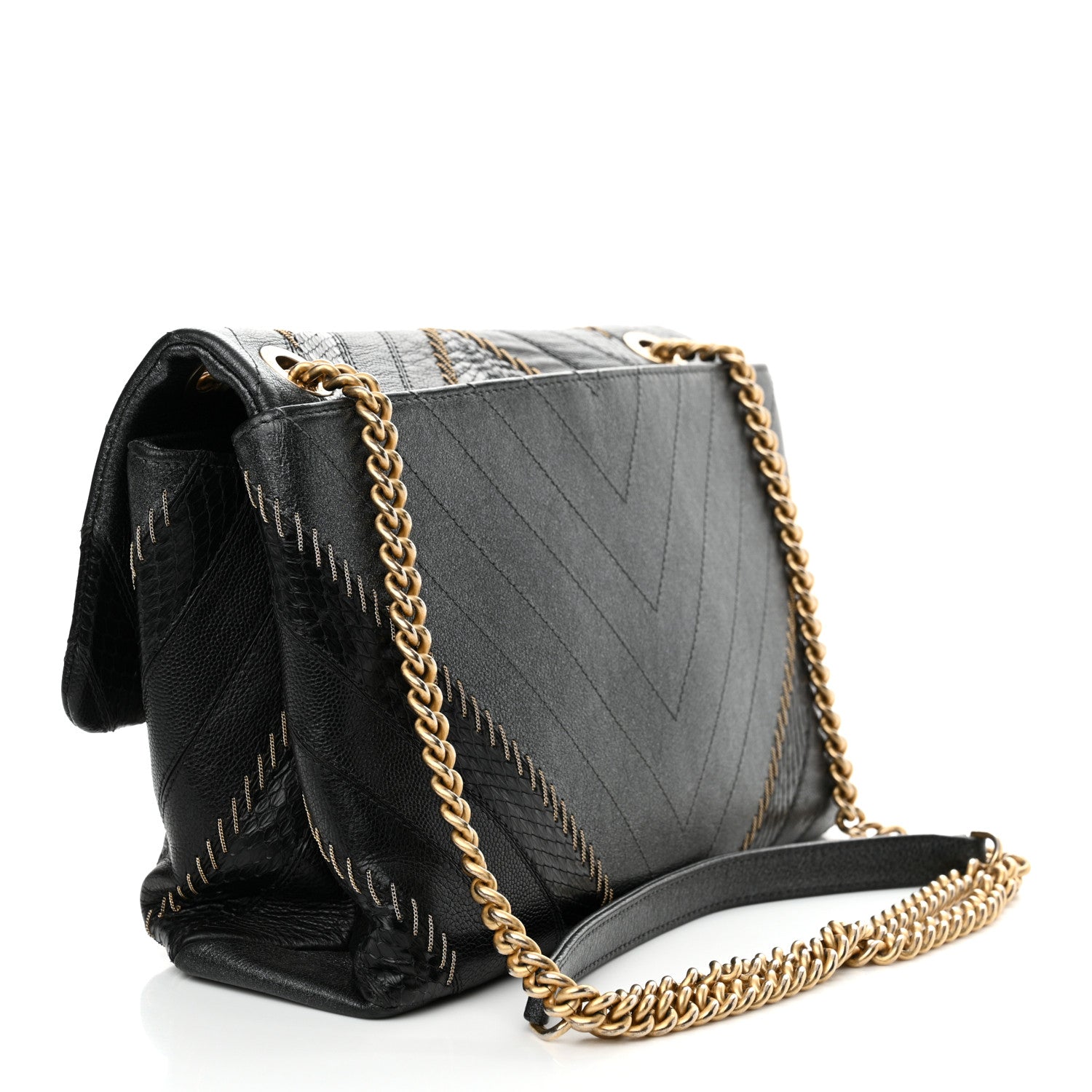 Chanel Calfskin Iridescent Snakeskin Patchwork Chevron Medium Flap Black Silver 3 of 12