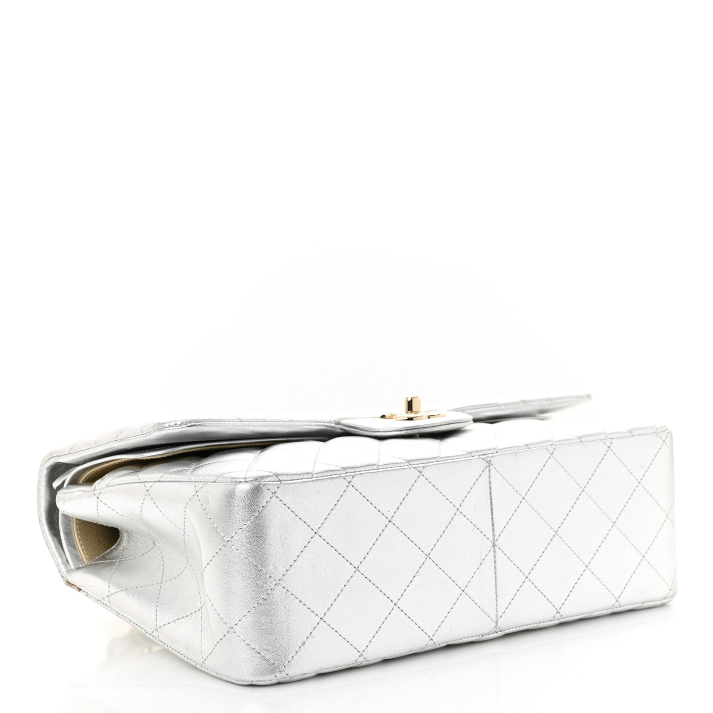 Metallic Lambskin Quilted Jumbo Double Flap Silver