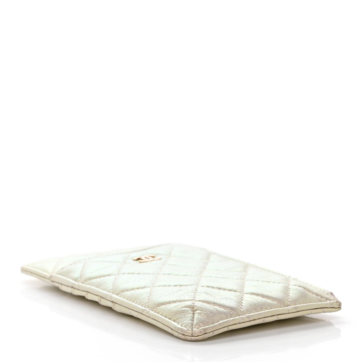 Iridescent Lambskin Quilted Classic Flat Wallet Pouch Ivory